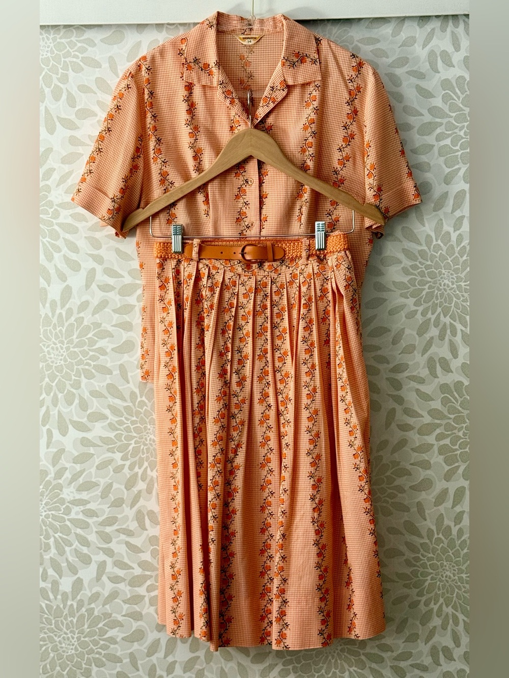 Vintage 50s 60s Donath Of Boston Women’s M Orange Floral Blouse Full Skirt Set